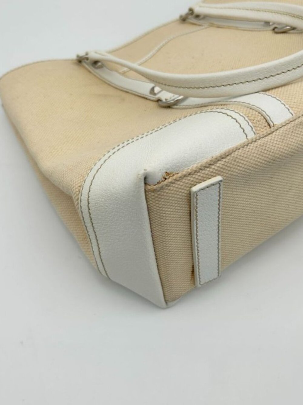 Prada Tote Shoulder Triangle Plate Logo Canvas Leather Beige - Picture 10 of 16